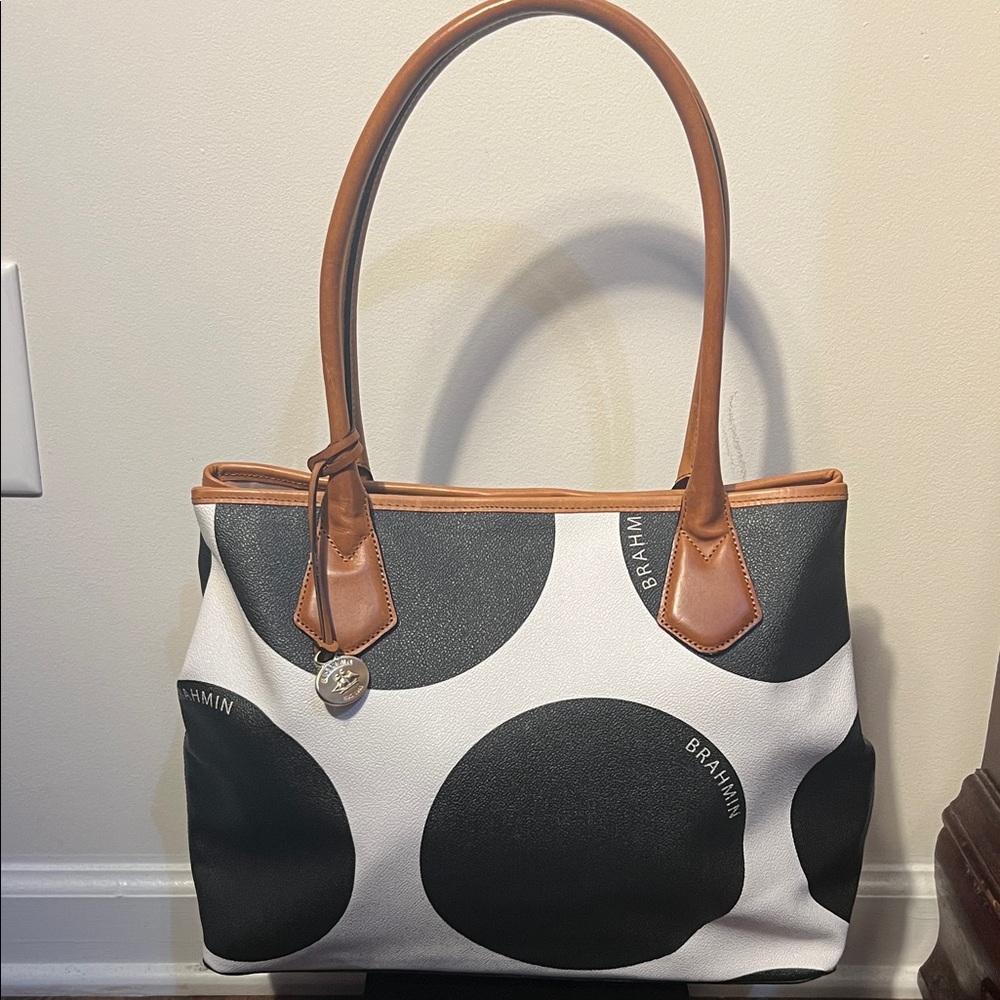 Brahmin ‘Anytime Tote’  Black & White Large Polka Dot Tote with Brown Trim
